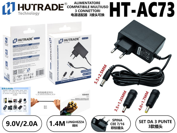 HT-AC73 ALIMENTATORE COMPATIBILE MULTIUSO 9.0V 2.0A 3 CONNETTORI