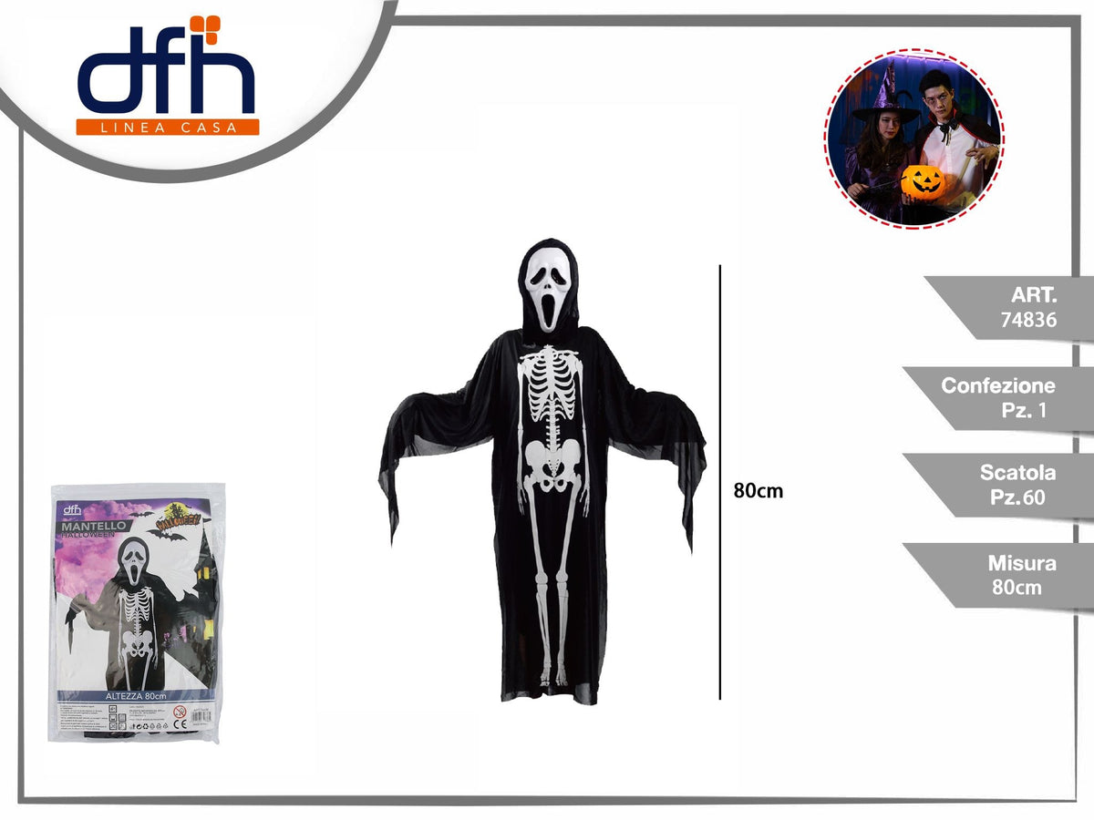 Costume Halloween nero con scheletro, due lunghezze