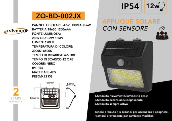 Applique Solare Con Sensore Universo – ZQ-BD-002JX