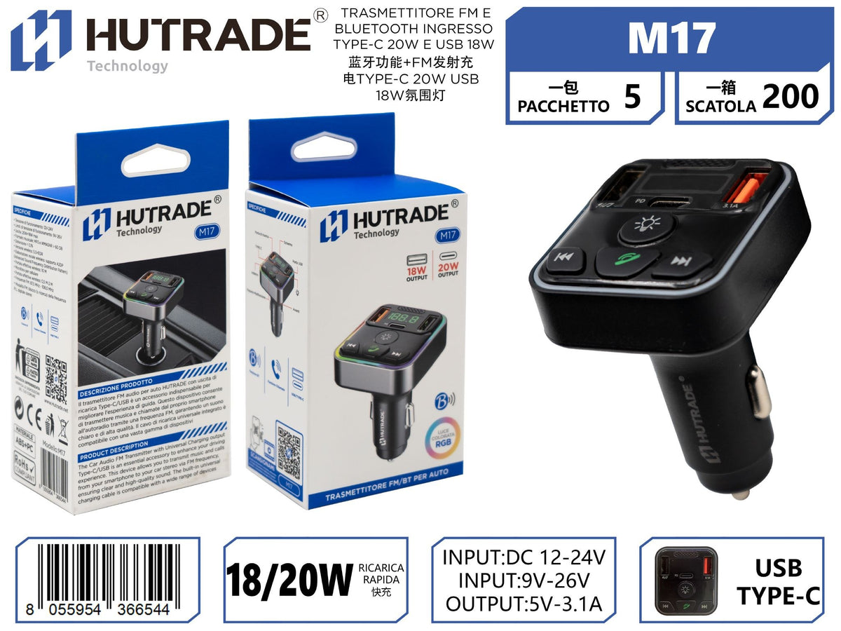 M17 TRASMETTITORE FM E BLUETOOTH INGRESSO TYPE-C 20W E USB 18W