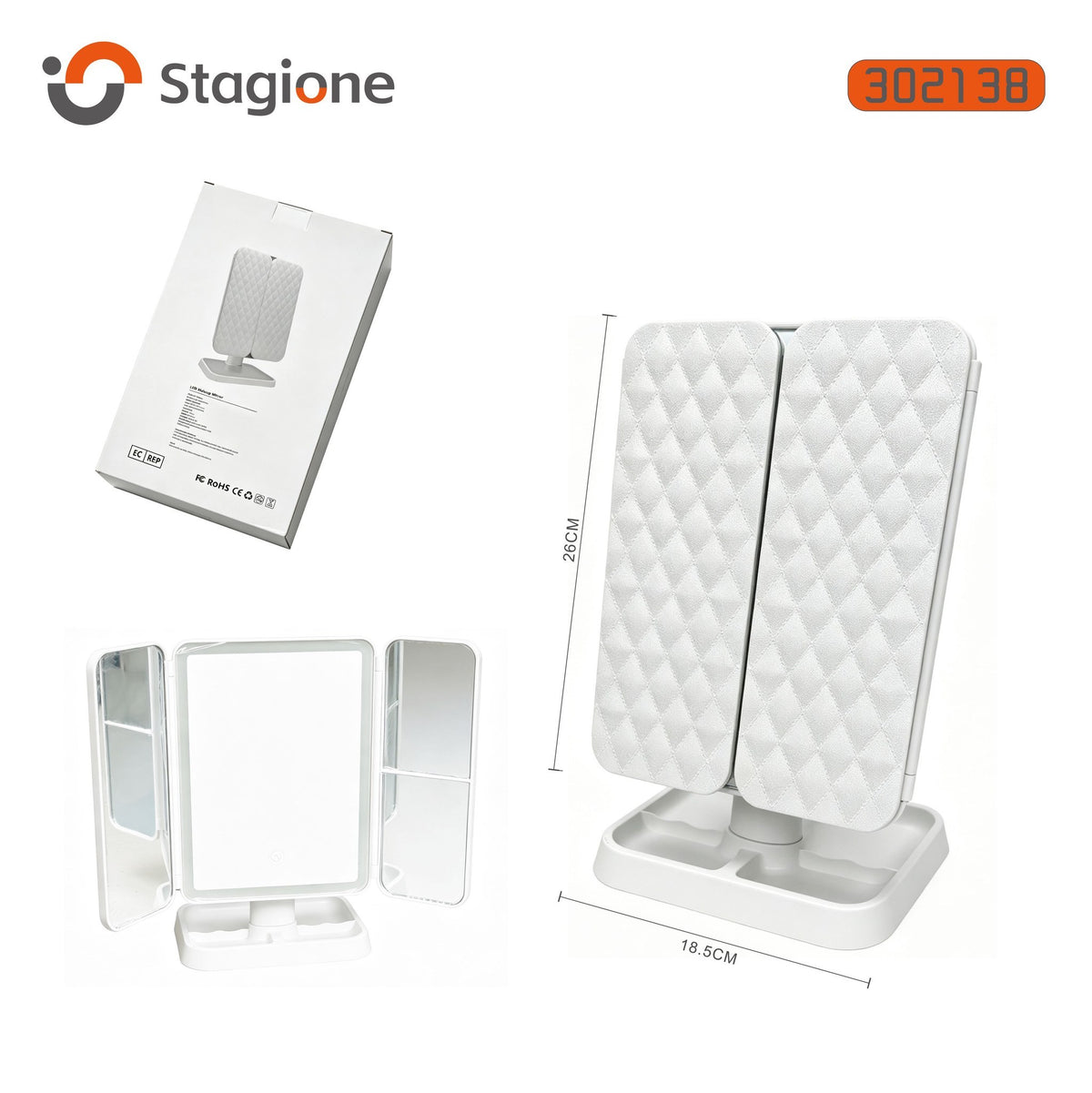 Specchio cosmetico LED a tre ante con retro trapuntato