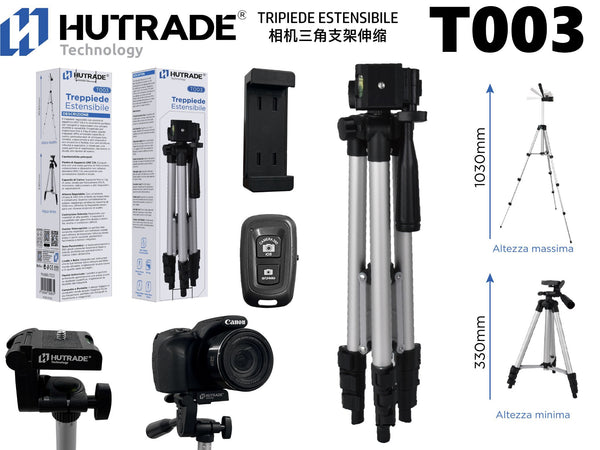 T003 TRIPIEDE ESTENSIBILE 330MM FINO A 1030MM CON TELECOMANDO BLUETOOTH