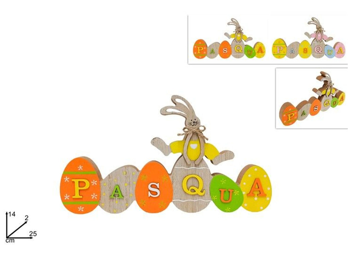 Decorazione legno c scritta pasqua c coniglio 2 col.