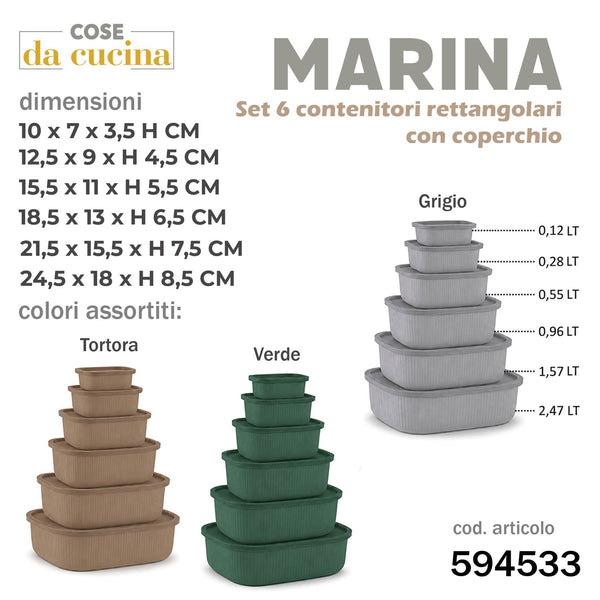 Marina set 6 pz contenitori rettangolari c/cop. 0,12/0,28/0,55/0,96/1,57/2,47 lt col.ass.