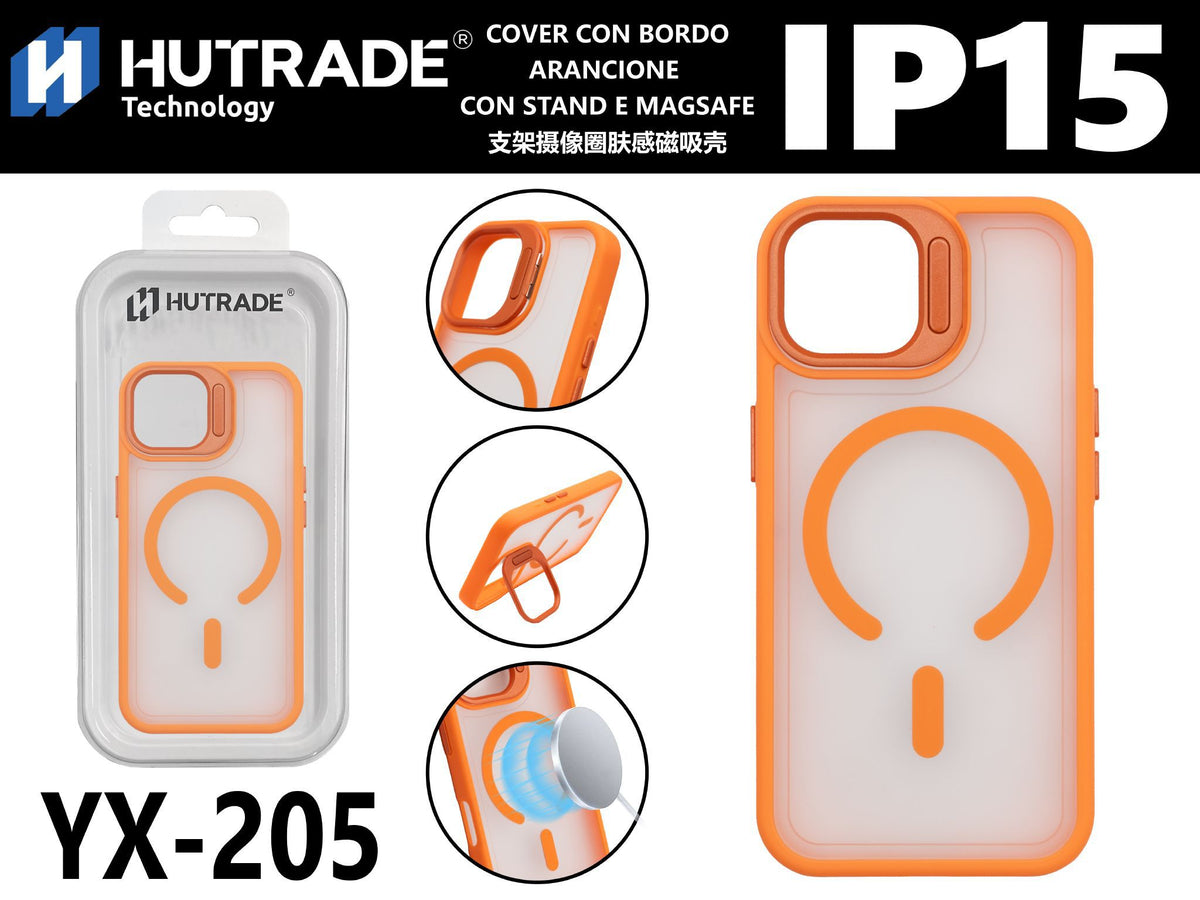 YX-205 COVER CON BORDO ARANCIONE CON STAND E MAGSAFE IP15