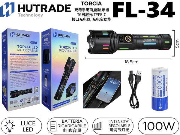 FL-34 TORCIA RICARICABILE INGRESSO TYPE-C FUNZIONE POWERBANK 100W