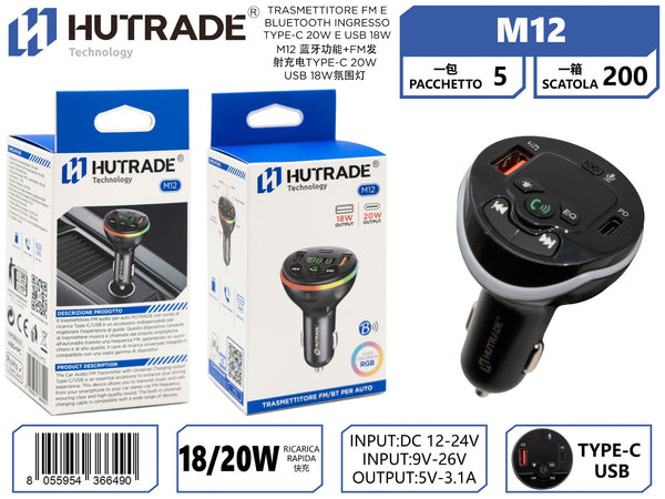 M12 TRASMETTITORE FM E BLUETOOTH INGRESSO TYPE-C 20W E USB 18W