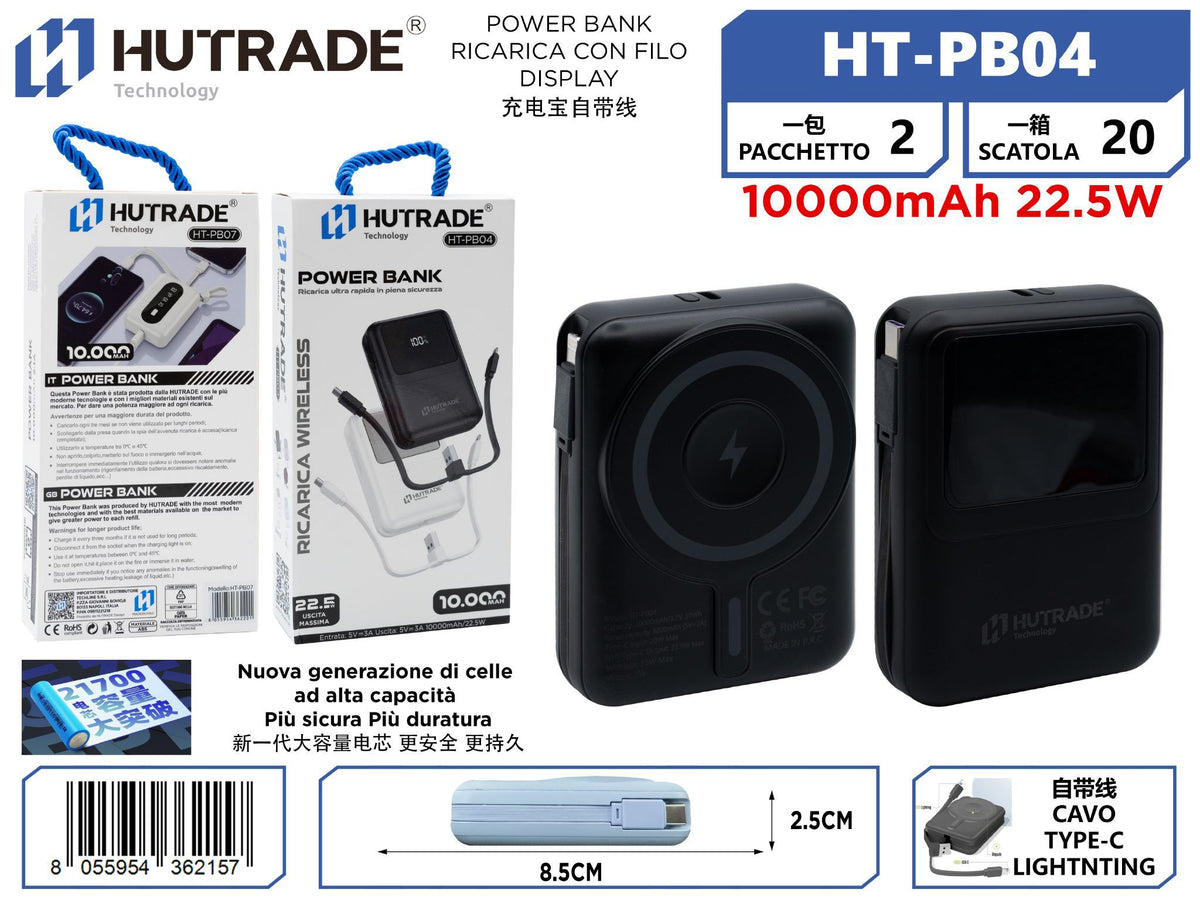 HT-PB04 POWER BANK RICARICA WIRELESS CON FILO DISPLAY BATTERIA 10000MAH
