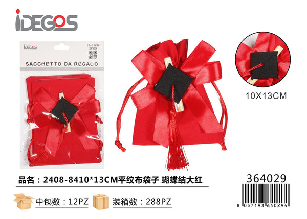 Sacchetto in tessuto rosso con fiocco per laurea, 2408-84, 10 x 13 cm