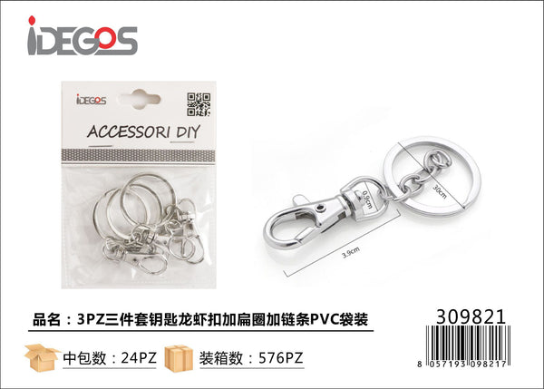 Set di 3 componenti portachiavi con moschettone, anello e catena
