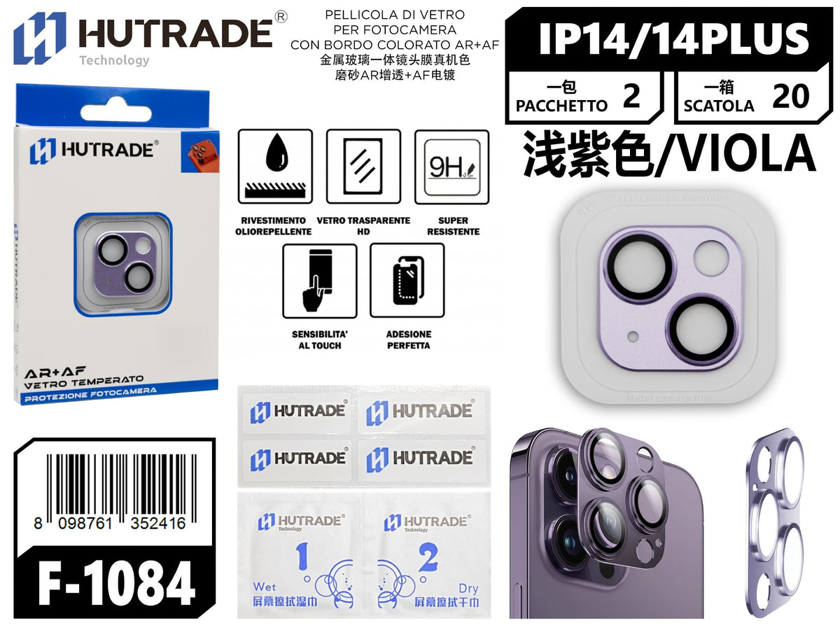 PELLICOLA DI VETRO PER FOTOCAMERA CON BORDO COLORATO AR+AF IP14 /IP14 PLUS VIOLA