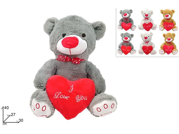 PELUCHE ORSO 40 cm CON CUORE 3 COLORI 2ASS