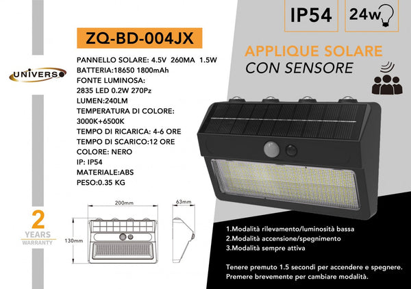 Applique Solare Con Sensore Universo – ZQ-BD-004JX