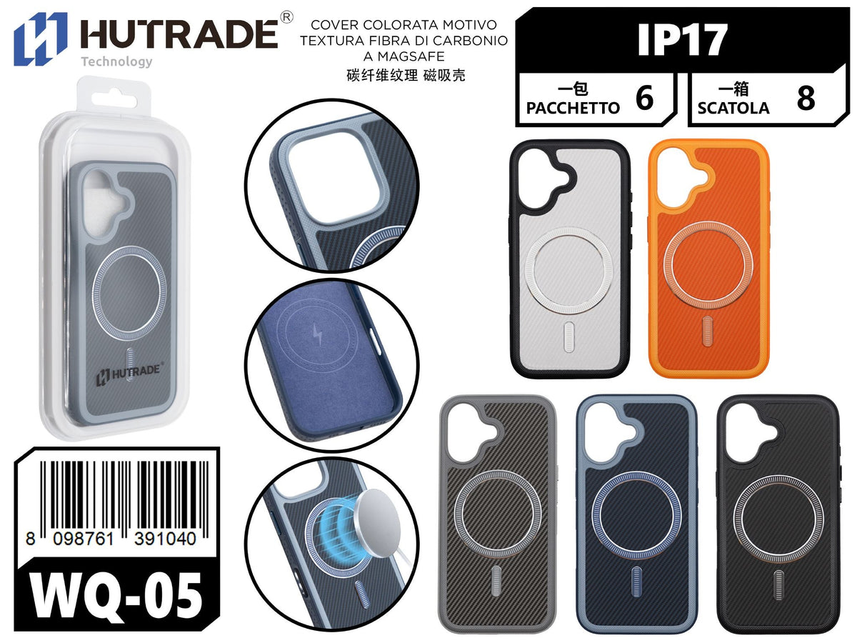 WQ-05 COVER COLORATA MOTIVO TEXTURA FIBRA DI CARBONIO A MAGSAFE IP17
