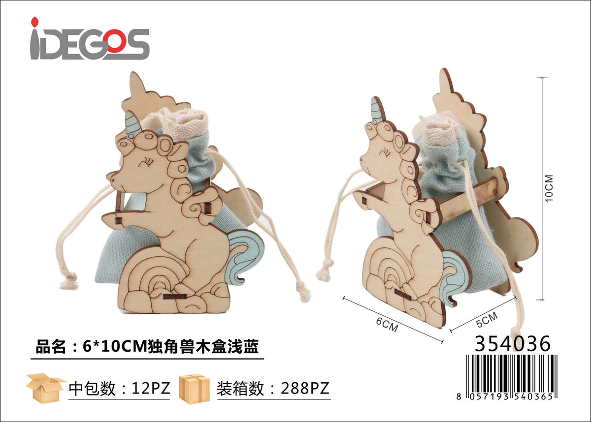 Unicorno in legno con sacchetto celeste, 6 x 10 cm