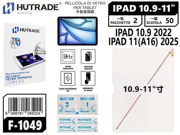 PELLICOLA DI VETRO PER TABLET IPAD 10.9 2022 10 GENERAZIONE/11(A16) 2025 11 GENERAZIONE