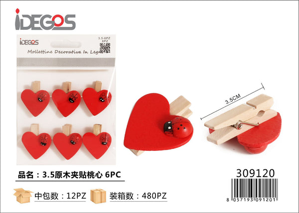 Set di 6 mollettine decorative in legno con cuore rosso