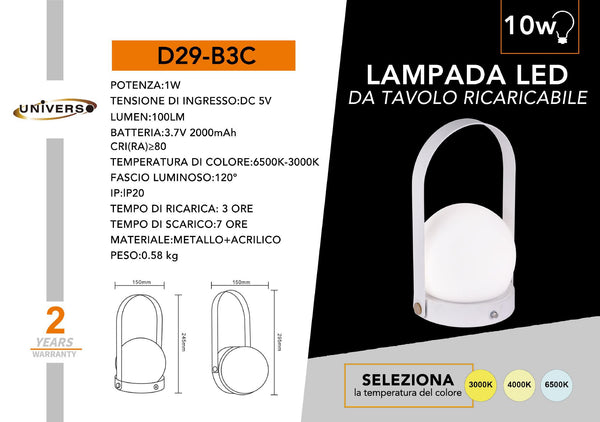 Lampada da tavolo ricaricabile – D29-B3C
