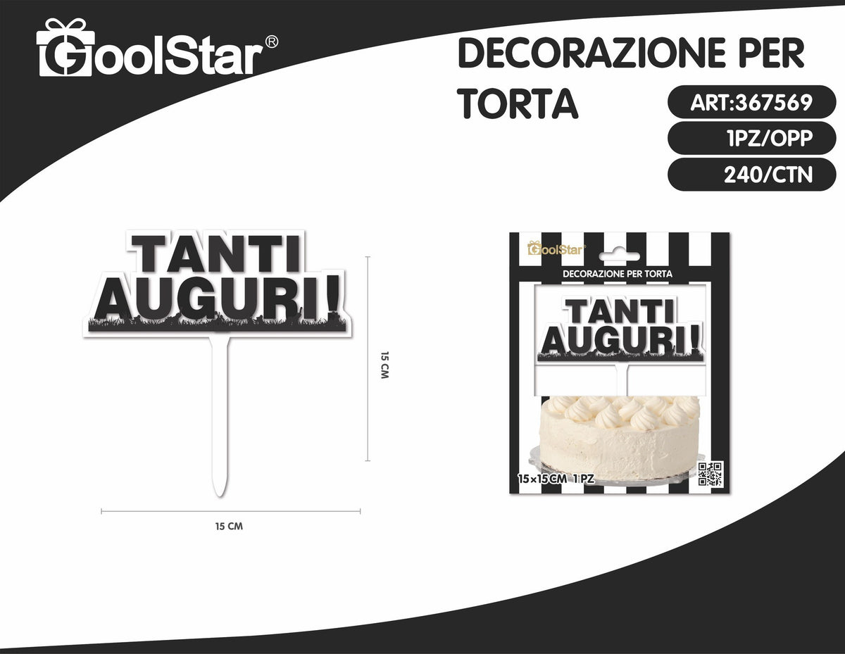 Topper in acrilico GoolStar Tanti Auguri, bianco e nero, 15 x 15 cm