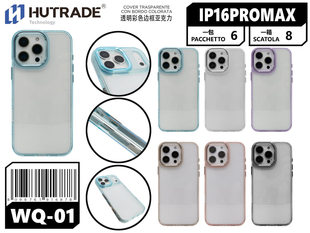 WQ-01 COVER TRASPARENTE CON BORDO COLORATA IP16 PRO MAX