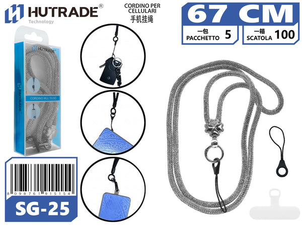 SG-25 CORDA PER CELLULARE BRILLANTINATA QUADRIFOGLIO67CM ARGENTO