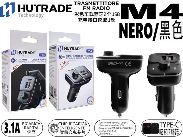 M4 TRASMETTITORE MULTICOLORE FM AUTO BLUETOOTH 2 INGRESSI USB LETTORE PENDRIVE