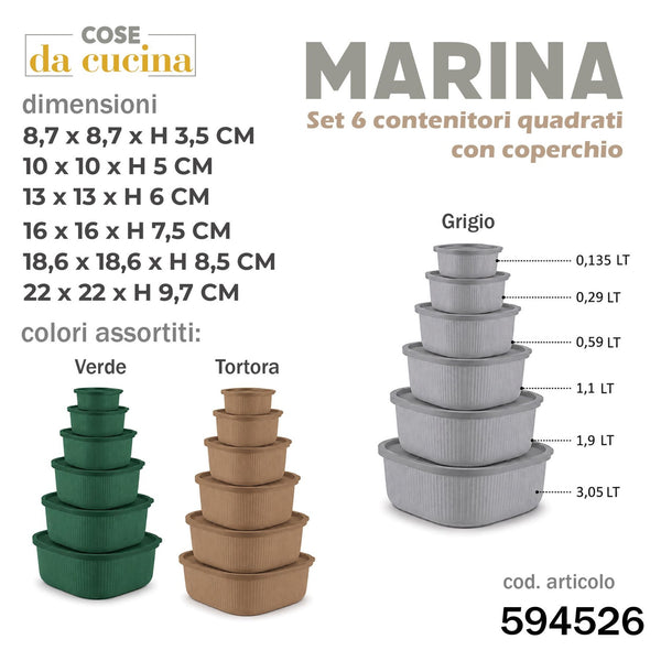 Marina set 6 pz contenitori quadrati c/cop. 0,135/0,29/0,59/1,1/1,9/3,05 lt col. ass.