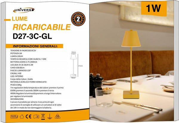 Lampada da tavolo ricaricabile – D27-3C-GL
