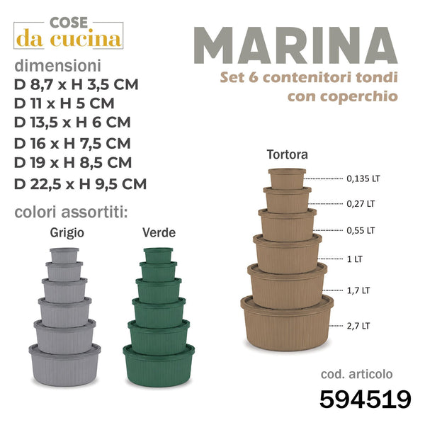 Marina set 6 pz contenitori tondi c/cop. 0,135/0,27/0,55/1/1,7/2,7 lt col. ass.