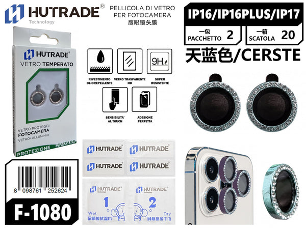 PELLICOLA DI VETRO PER FOTOCAMERA BRILLANTINATA IP16/16 PLUS/IP17 CELESTE