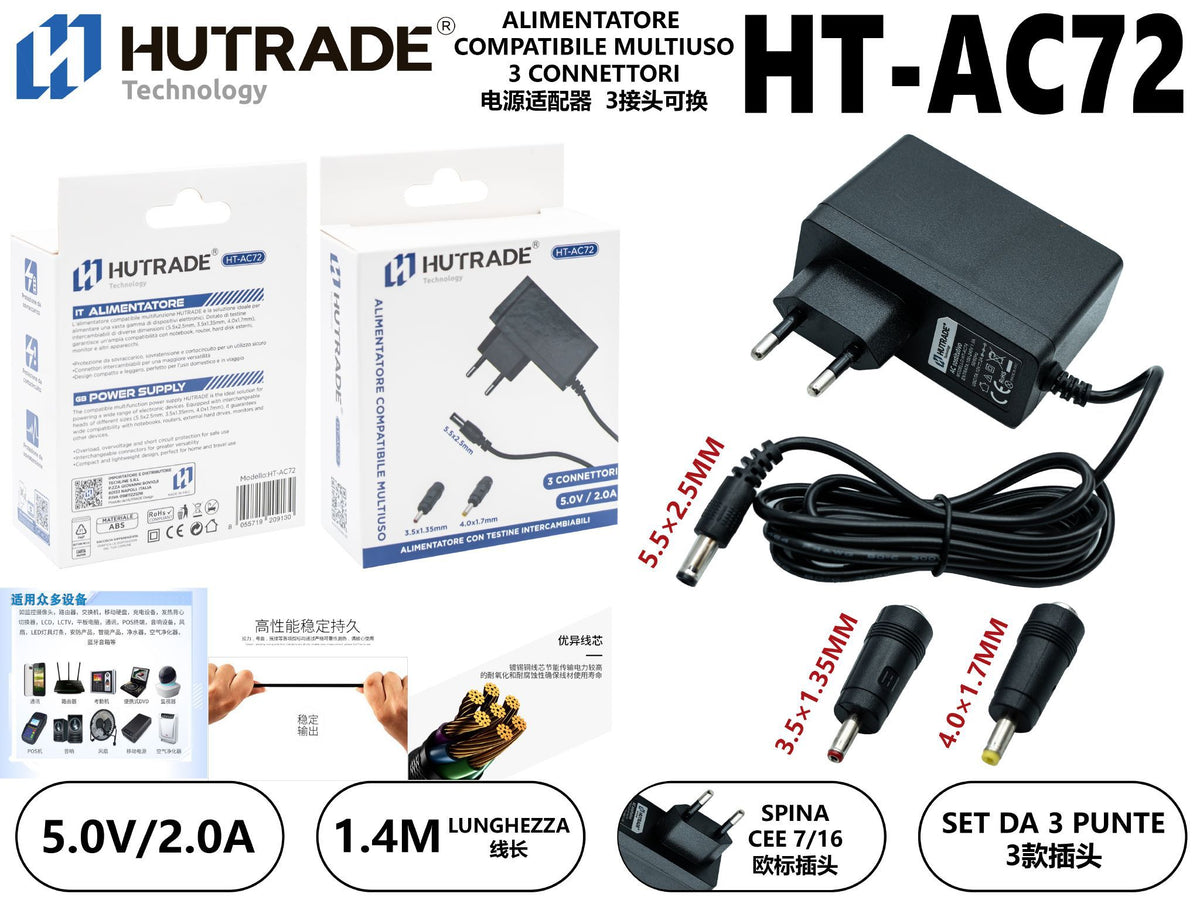 HT-AC72 ALIMENTATORE COMPATIBILE MULTIUSO 5.0V 2.0A 3 CONNETTORI