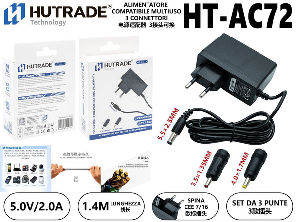 HT-AC72 ALIMENTATORE COMPATIBILE MULTIUSO 5.0V 2.0A 3 CONNETTORI