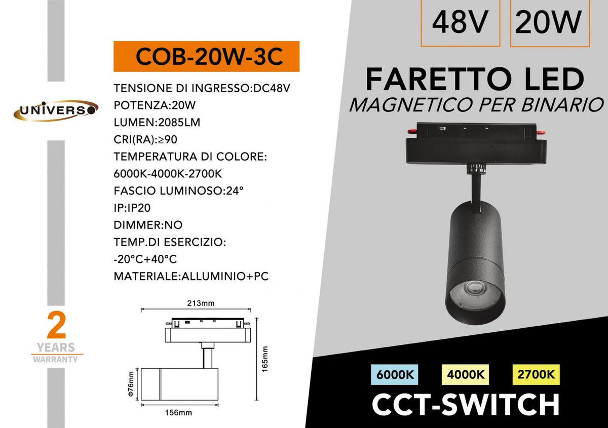 Faretto LED Magnetico Per Binario Universo – COB-20W-3C