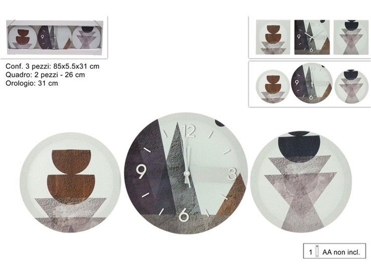 QUADRO CON OROLOGIO SET 3 pz DECORO GEOMETRICO 2ASS.