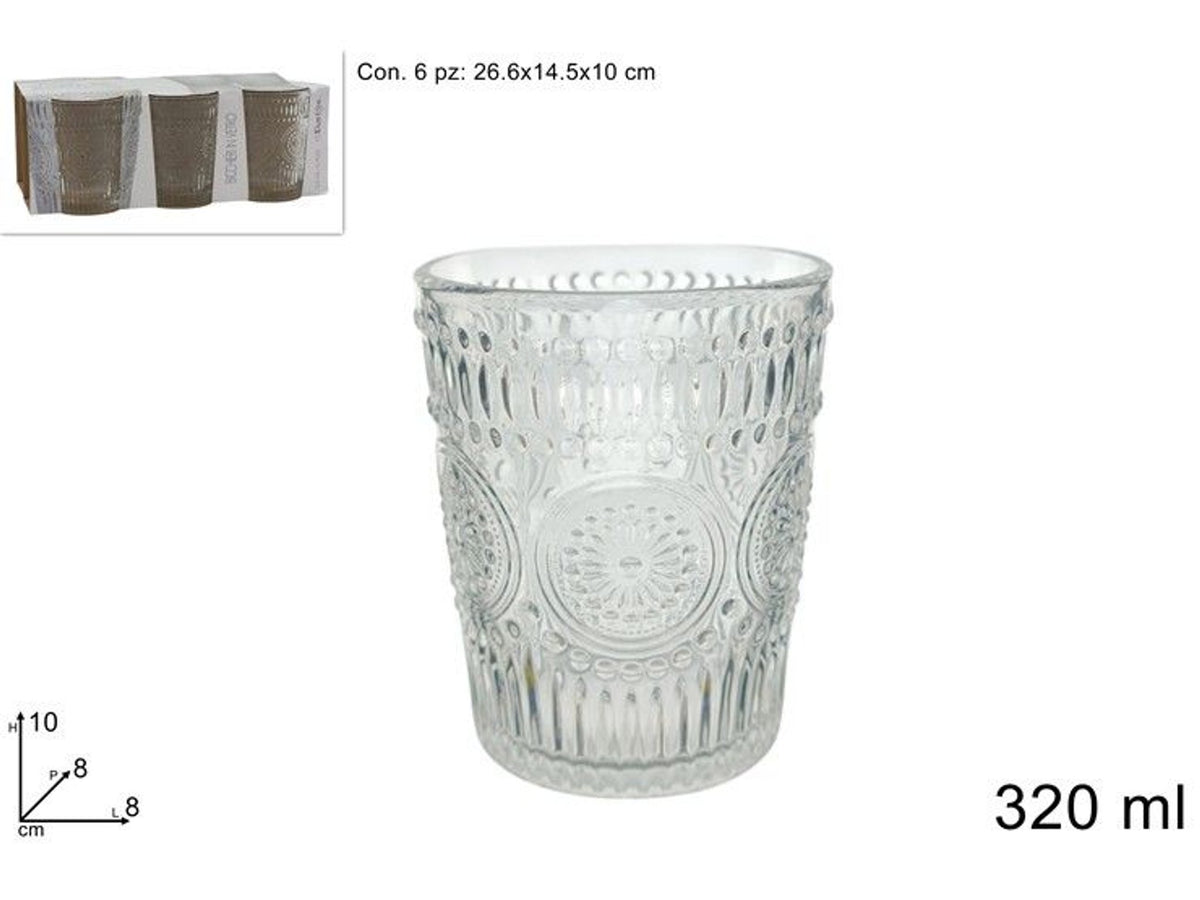 bicchieri vetro 320 ml decorato set 6 pz trasparenti