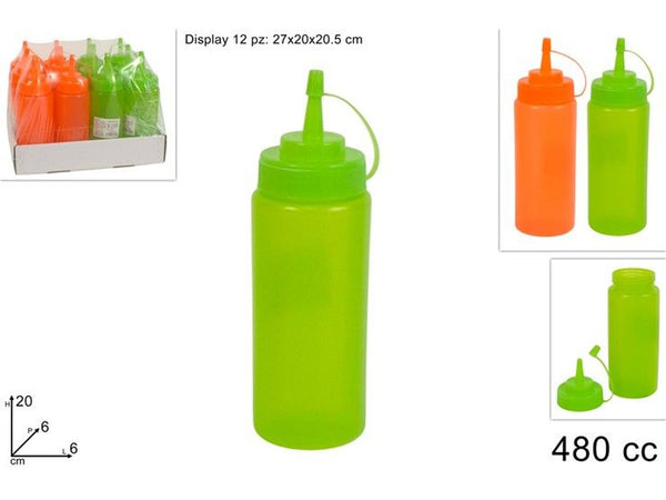 Bottiglia plastica con becco dosatore 480cc 2 col. art.