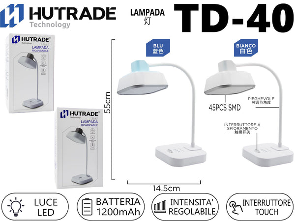 TD-40 LAMPADA DA TAVOLO RICARICABILE DOPPIA BATTERIA 1200MAH