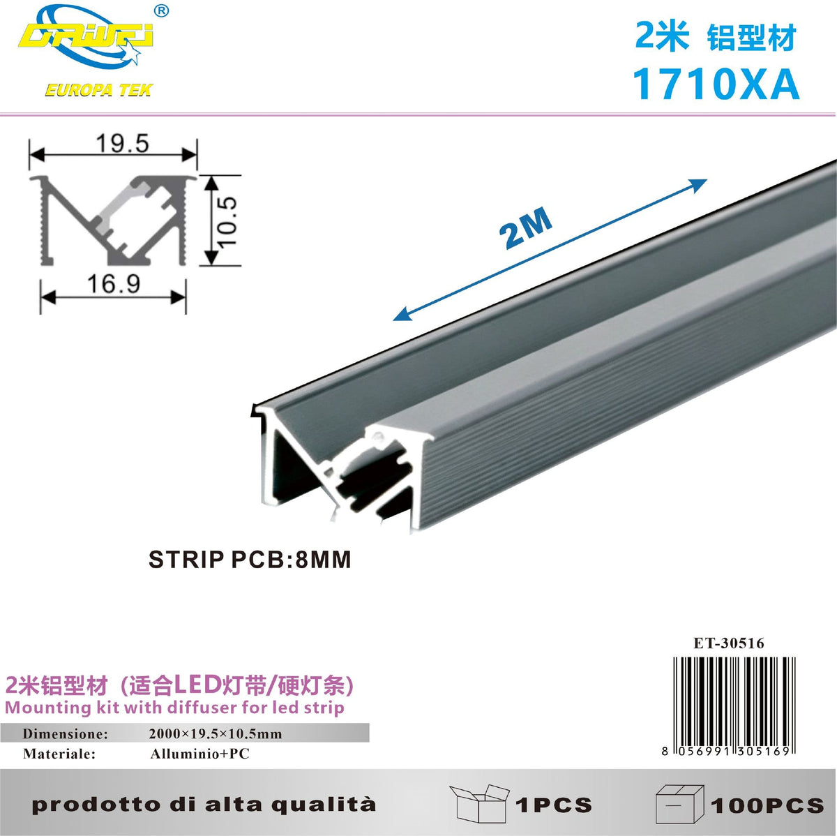 Profilo in alluminio 1710XA, 2 m, con diffusore opalino