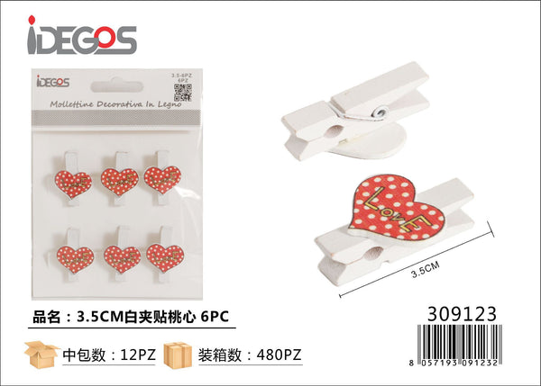 Set di 6 mollettine decorative bianche con cuore rosso Love, 3,5 cm
