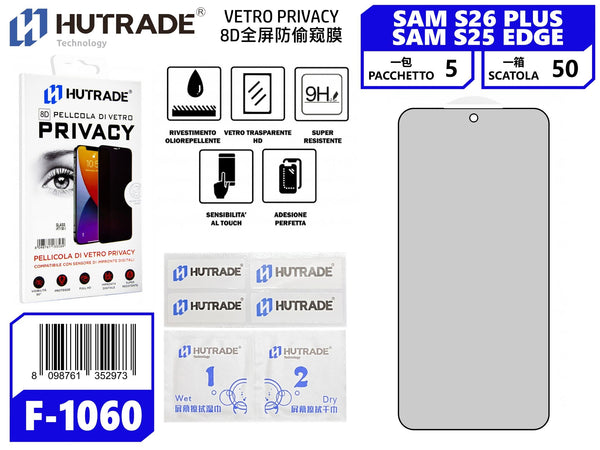 F-1060 PELLICOLA DI VETRO PRIVACY LUCIDA 8D COPERTURA TOTALE SAM S26 PLUS/S25 EDGE