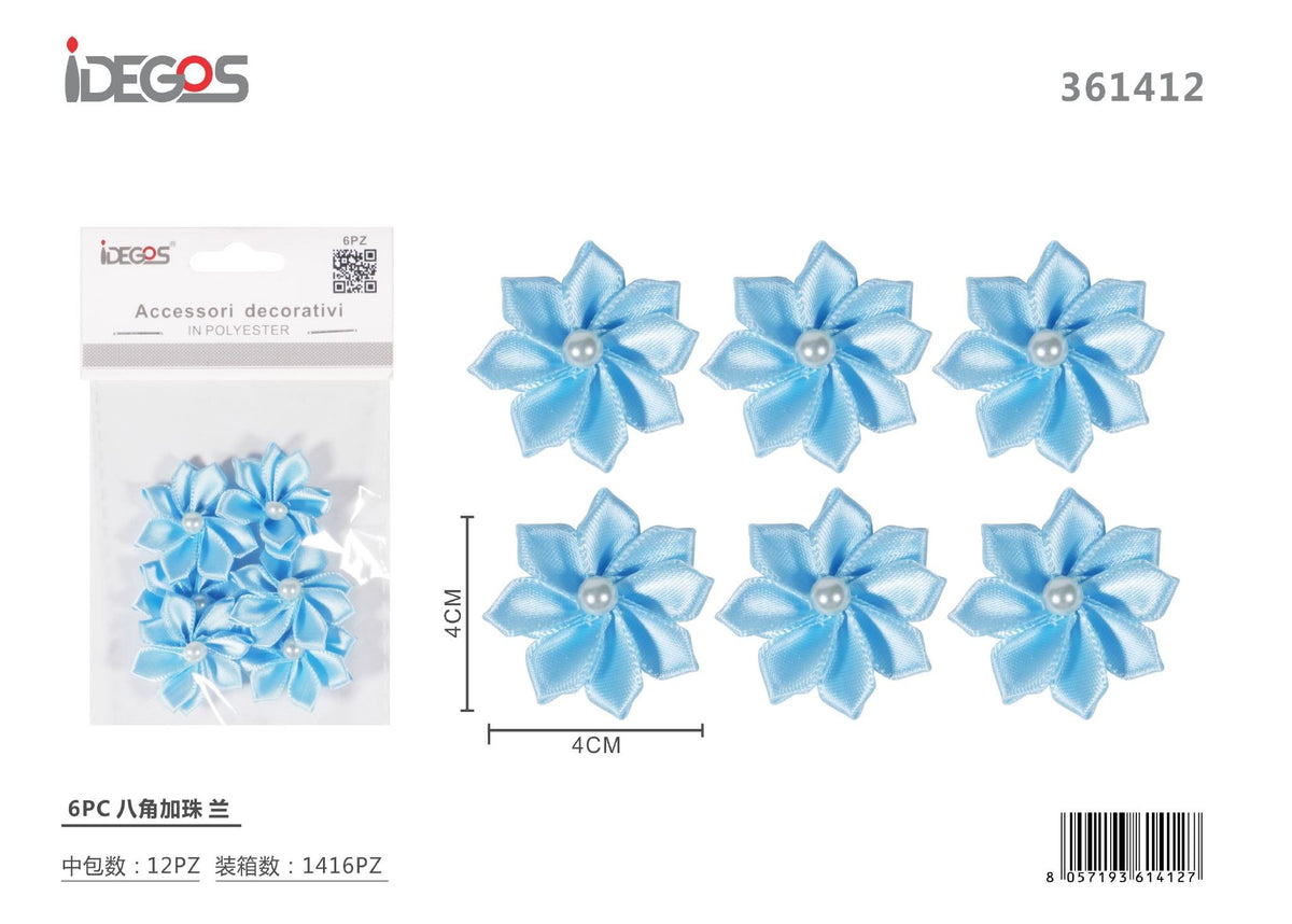 Set di 6 fiori decorativi in raso con perlina