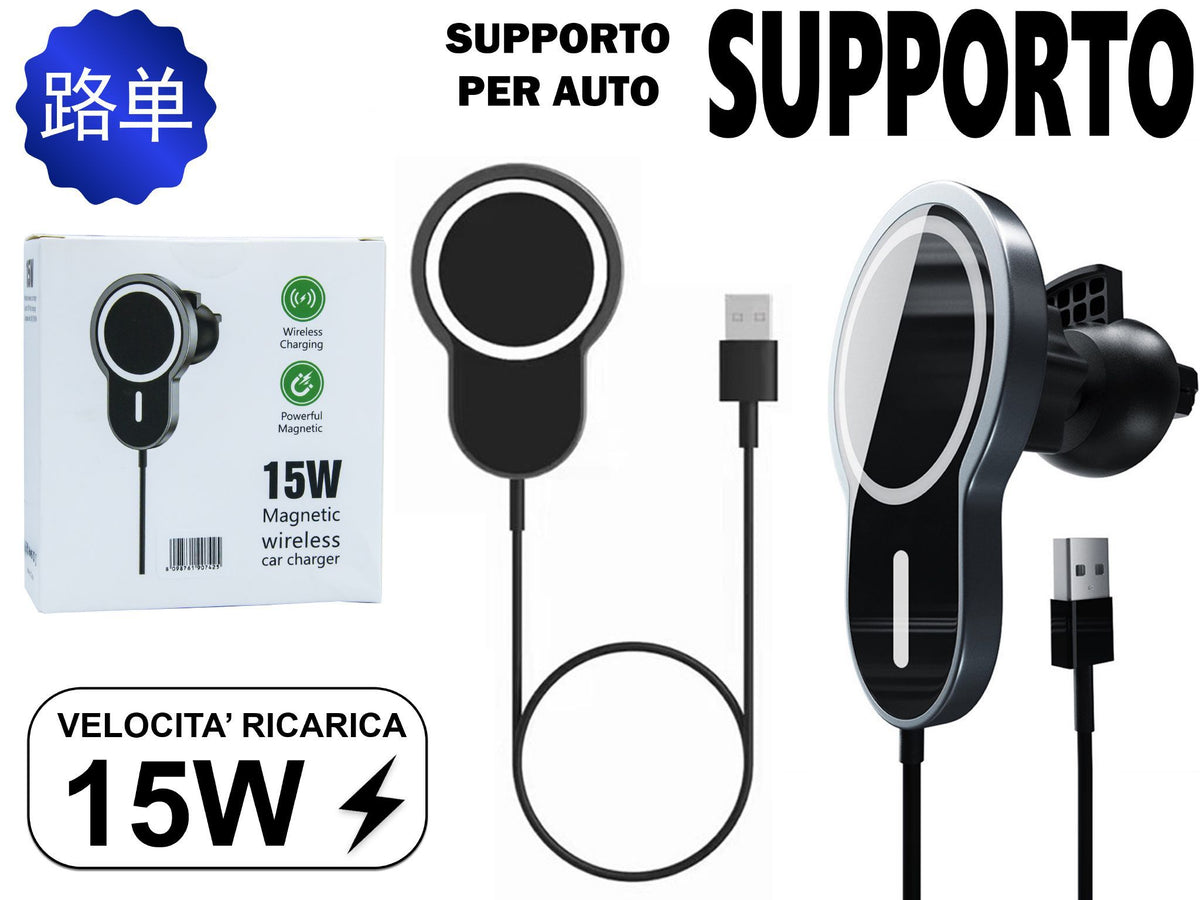Supporto magnetico da auto con ricarica wireless, testa circolare, 15 W
