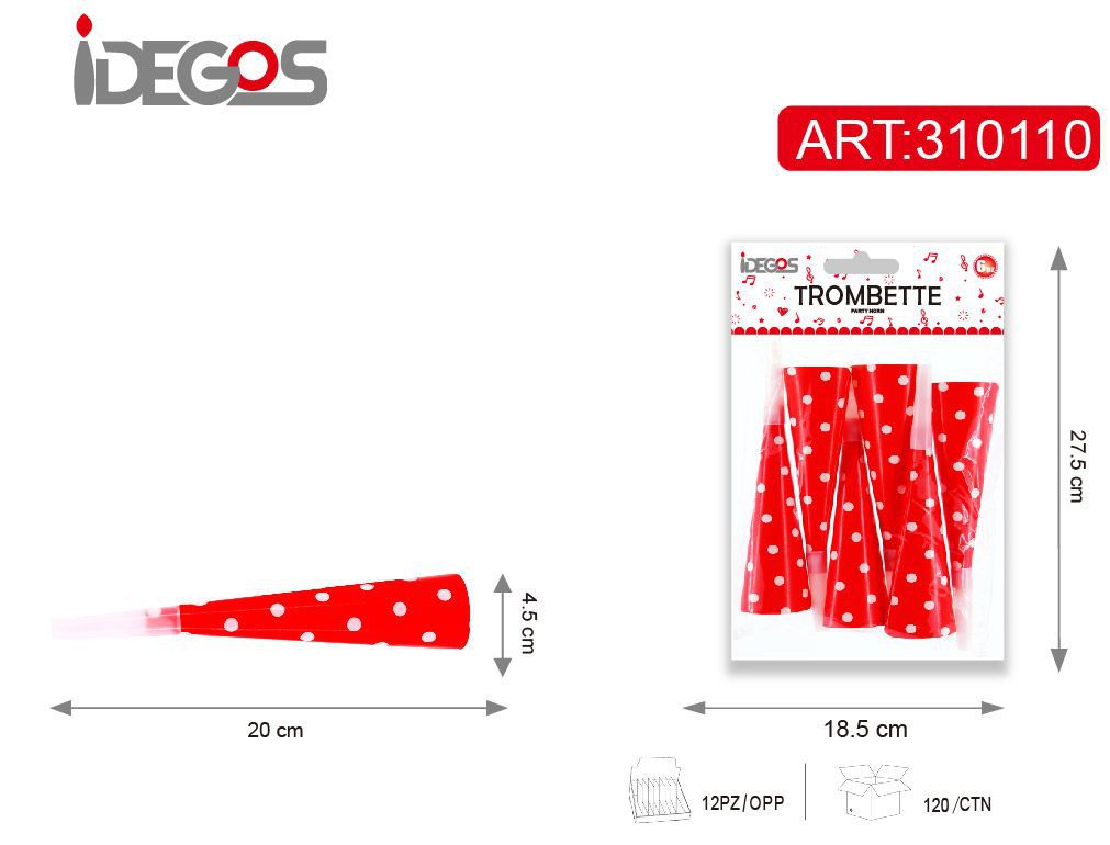 Trombette di carta a pois con bocchino in plastica, 6 pezzi