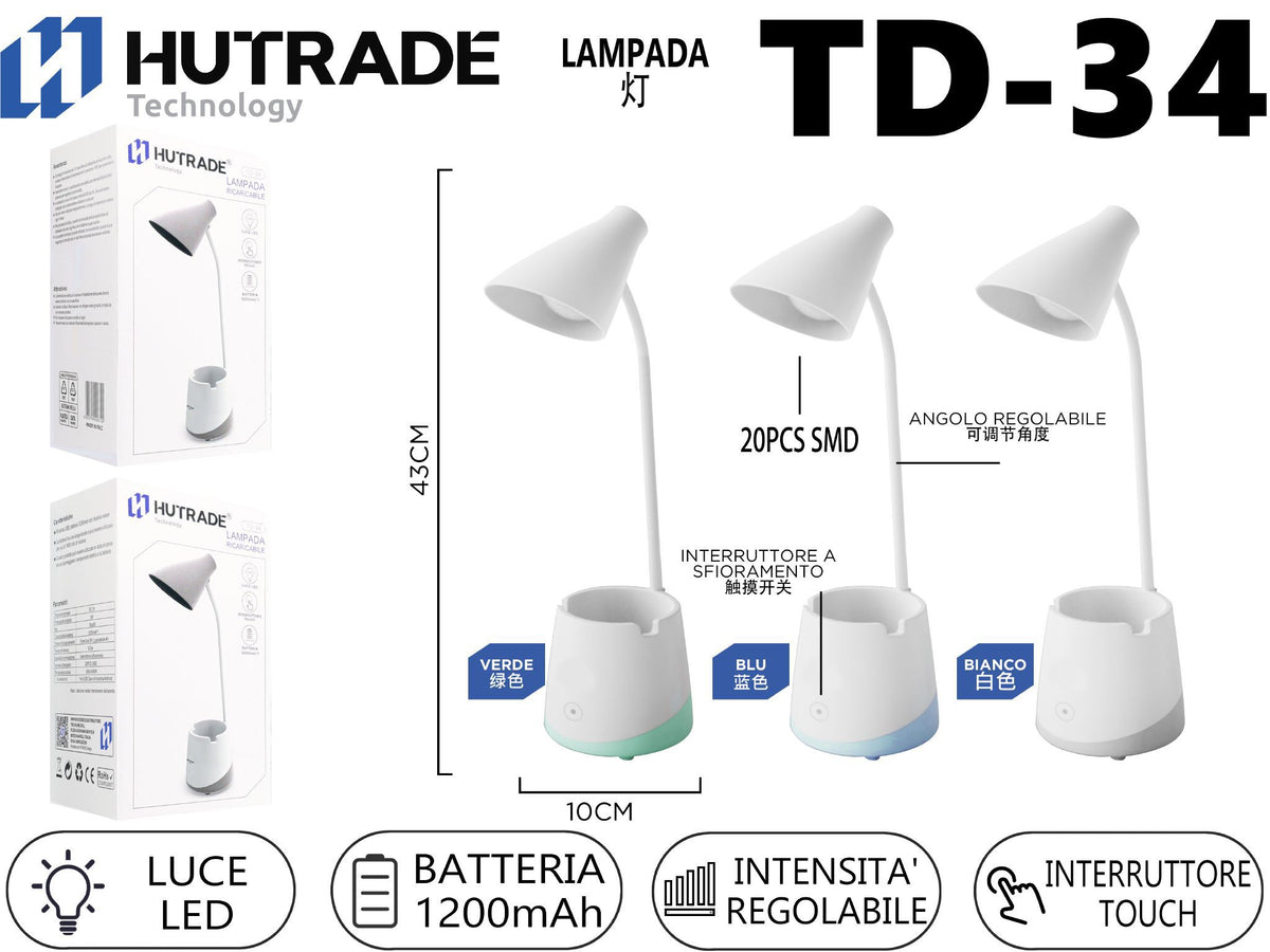 TD-34 LAMPADA DA TAVOLO RICARICABILE PORTA PENNA 20LED