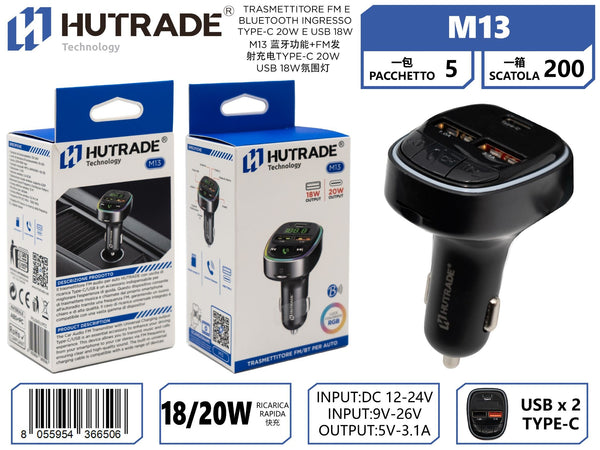 M13 TRASMETTITORE FM E BLUETOOTH INGRESSO TYPE-C 20W E USB 18W