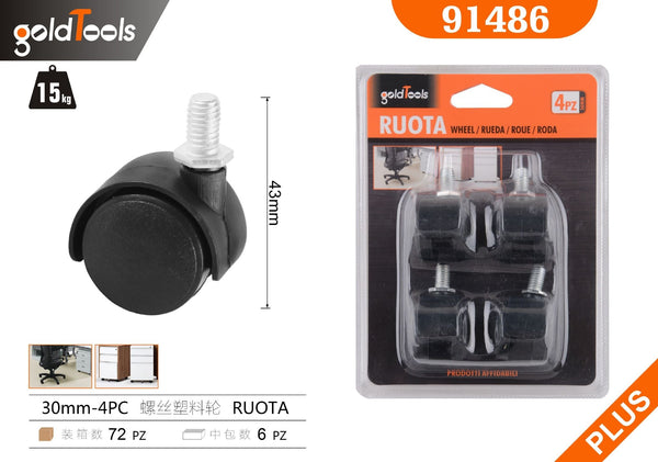 Set di quattro ruote doppie in plastica con perno