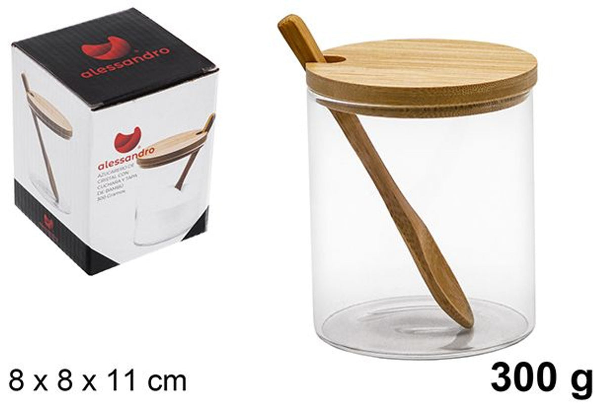 ZUCCHERIERA IN BOROSILICATO CON COPERCHIO IN BAMBU E CUCCHIAINO 300 gr.