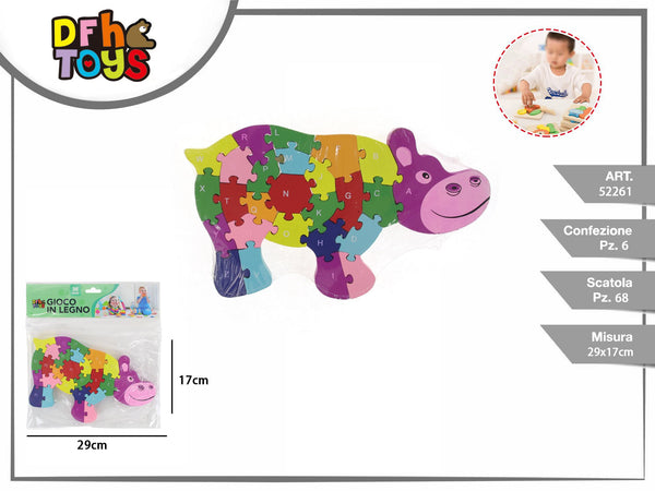 Puzzle in legno a forma di ippopotamo, 29 × 17 cm