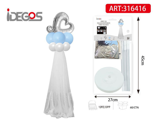 Bouquet di palloncini celesti e bianchi con cuore argento traforato