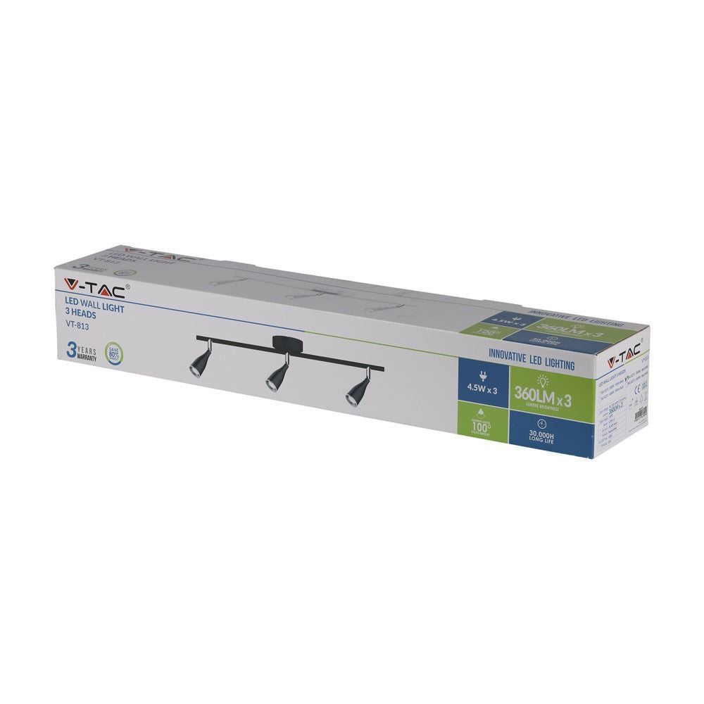 Applique LED V-TAC a tre faretti 13,5 W 3000 K nera
